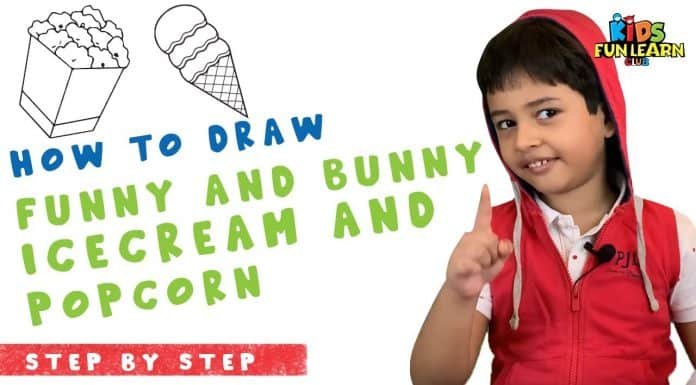 How to draw funny and bunny icecream and popcorn with Parikshet and Kids Fun Learn Club