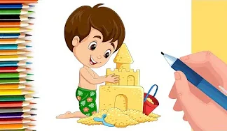 EPISODE 31 | 6 mins 100 days Sketching Challenge for kids | Easy Drawing of Boy making sand castle